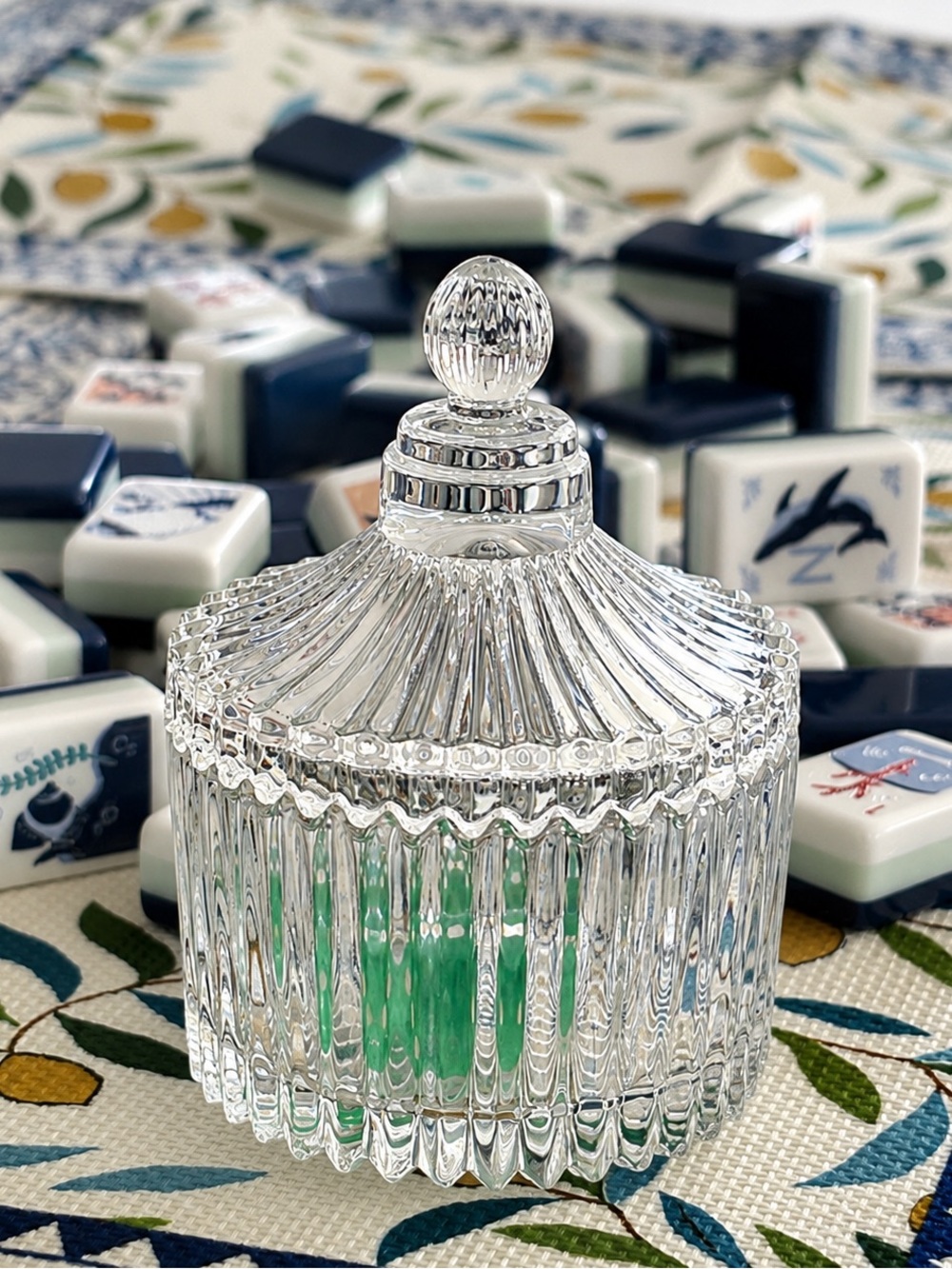 Mahjong Tiles Crystal Vintage glass style Dice Dish with Lid Pagoda